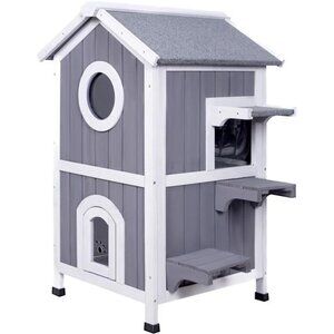 Outdoor Cat House Wooden Two-Story Feral Cat Shelter with Openable Roof